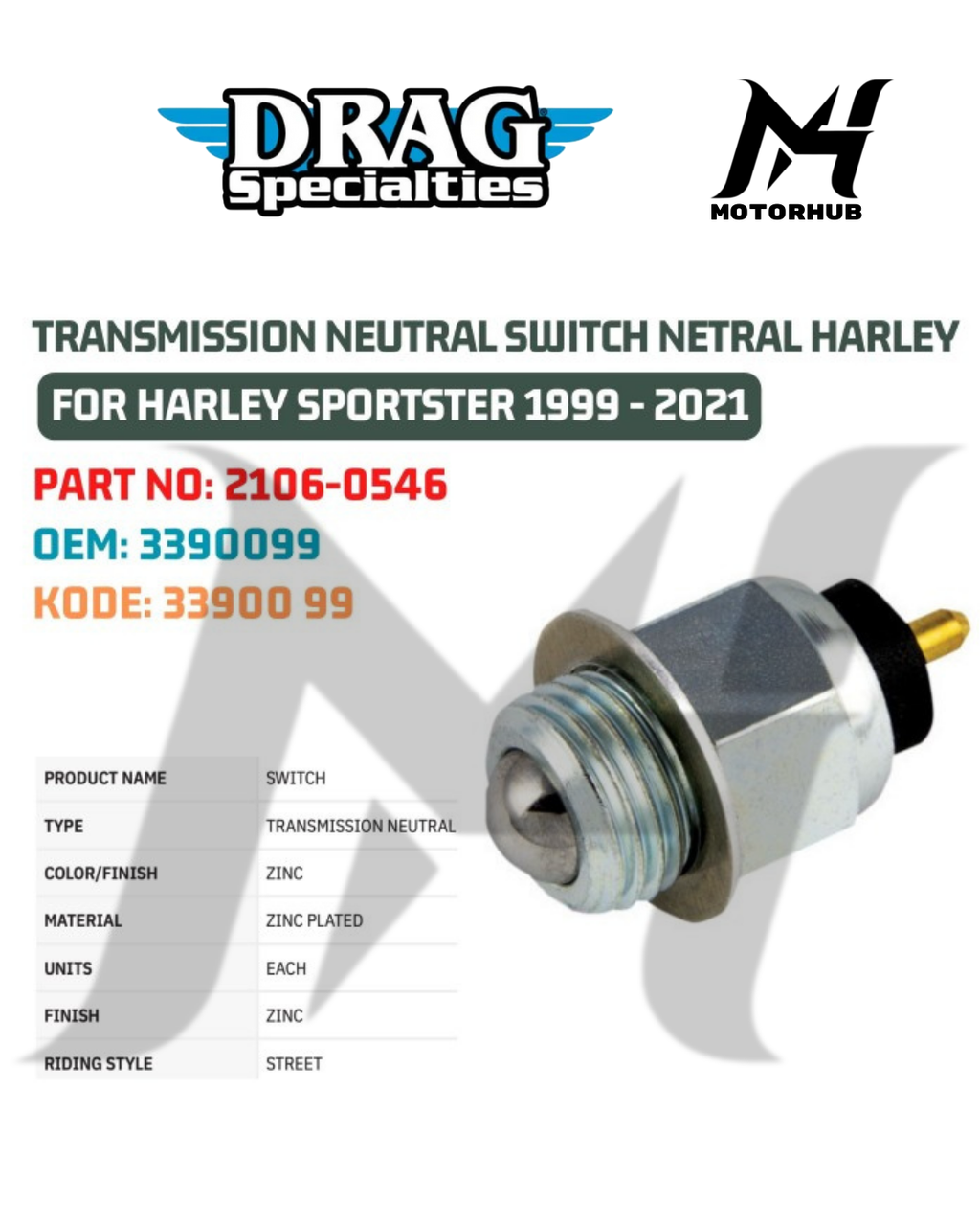TRANSMISSION NEUTRAL SWITCH NETRAL HARLEY FOR HARLEY SPORTSTER 1999-2021 2106-0546 OEM 3390099 KODE 33900-99