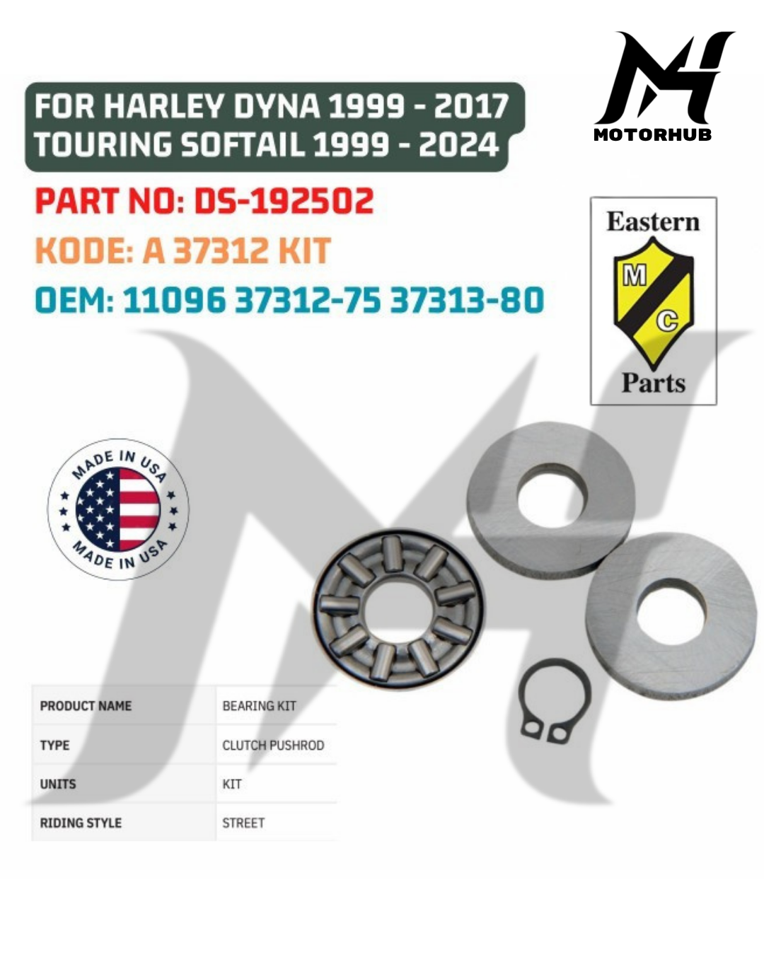 EASTERN MOTORCYCLE PARTS CLUTCH PUSHROD BEARING KIT HARLEY DYNA 1999 - 2017 TOURING SOFTAIL 1999 - 2024 DS-192502 OEM 11096A 37312-75 37313-80 KODE A 37312 KIT