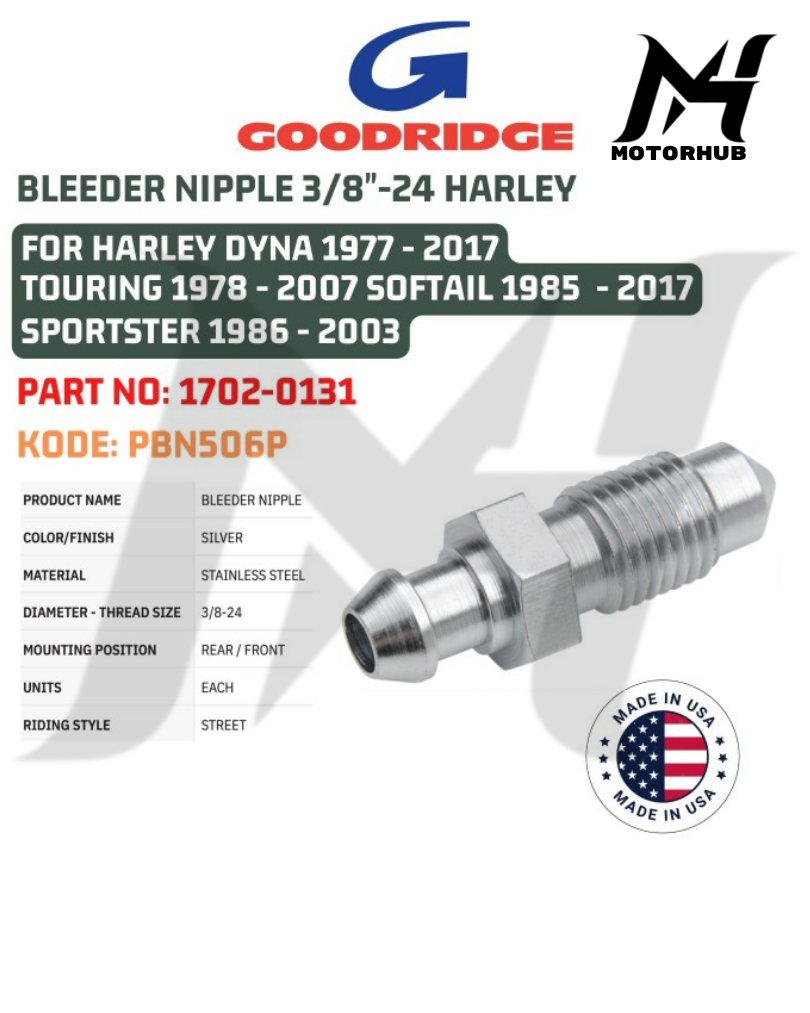 BLEEDER NIPPLE 3/8 INCH -24 HARLEY FOR HARLEY DYNA 1977 - 2017 TOURING 1978 - 2007 SOFTAIL 1985 - 2017 SPORTSTER 1986 - 2003 1702-0131 KODE PBN506P