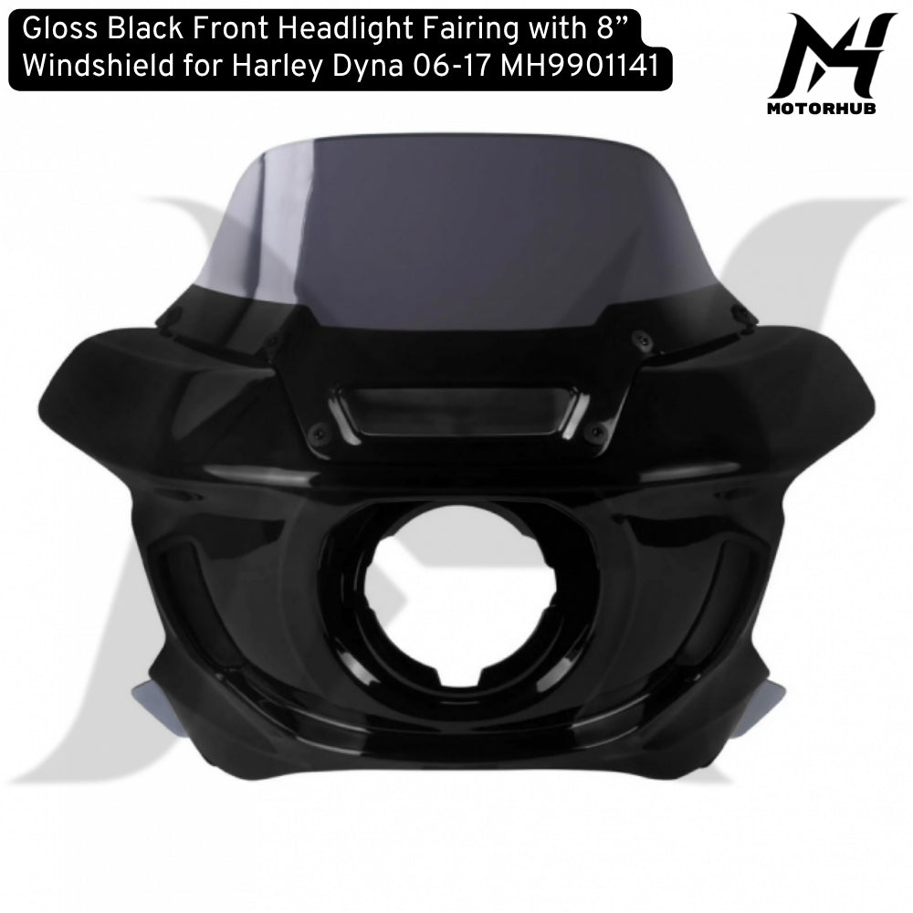 Gloss Black Front Headlight Fairing with 8” Windshield for Harley Dyna 06-17 MH9901141