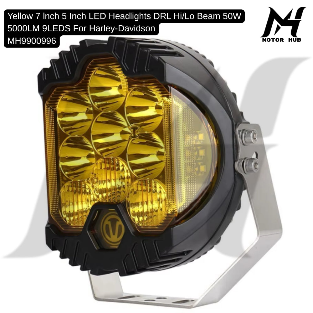 Yellow 7 lnch 5 Inch LED Headlights DRL Hi/Lo Beam 50W 5000LM 9LEDS For Harley-Davidson MH9900996