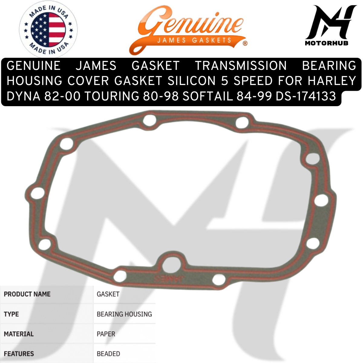 GENUINE JAMES GASKET TRANSMISSION BEARING HOUSING COVER GASKET SILICON 5 SPEED FOR HARLEY DYNA 82-00 TOURING 80-98 SOFTAIL 84-99 DS-174133 OEM 3565279X